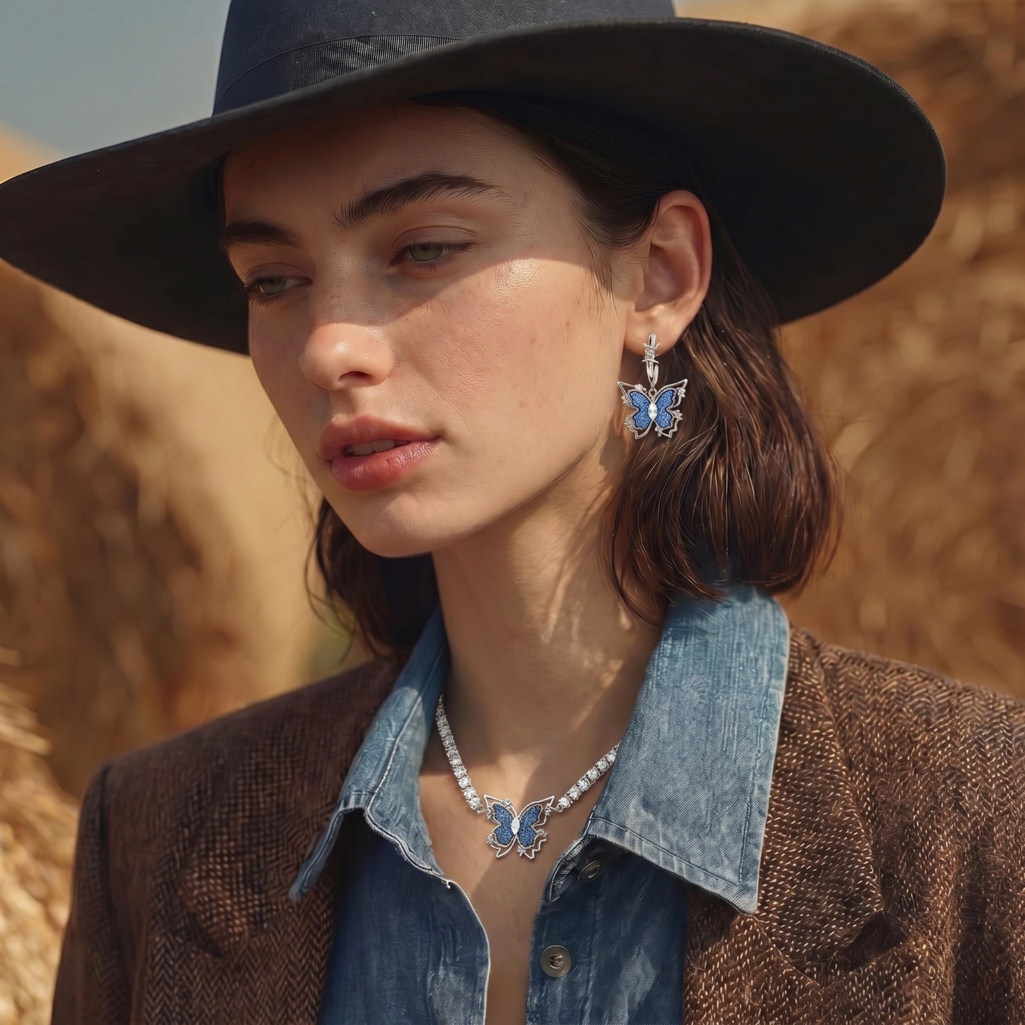 Blue Butterfly Drop Earrings by FANCY CHAPTER